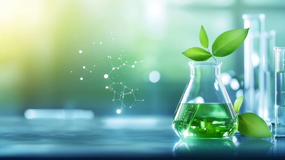 an illustration of a chemistry flask containing green liquid and a plant growing out of the top