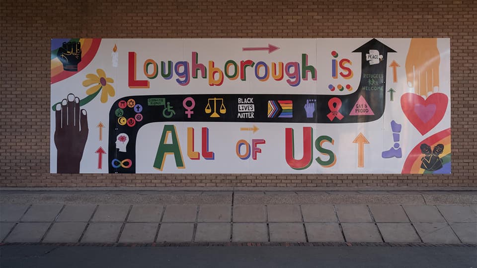 Sign that says 'Loughborough is all of us' for equality, diversity and inclusion