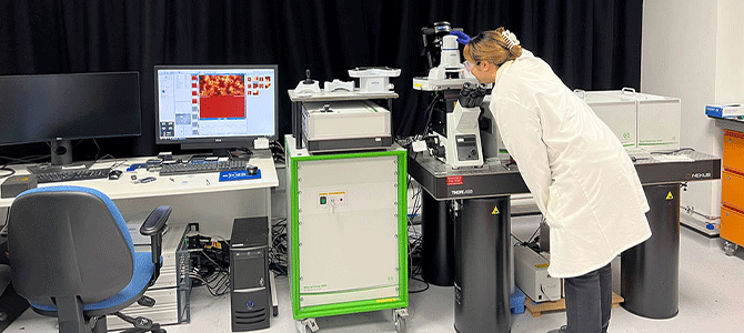 female student in lab looking at screen