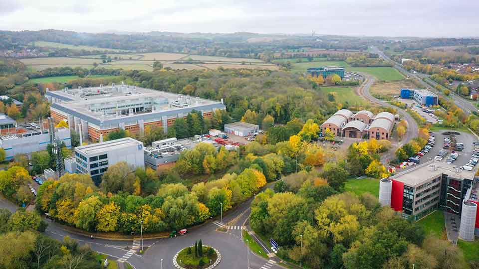 Aerial view of Loughborough's sports and enterprise park on campus. 