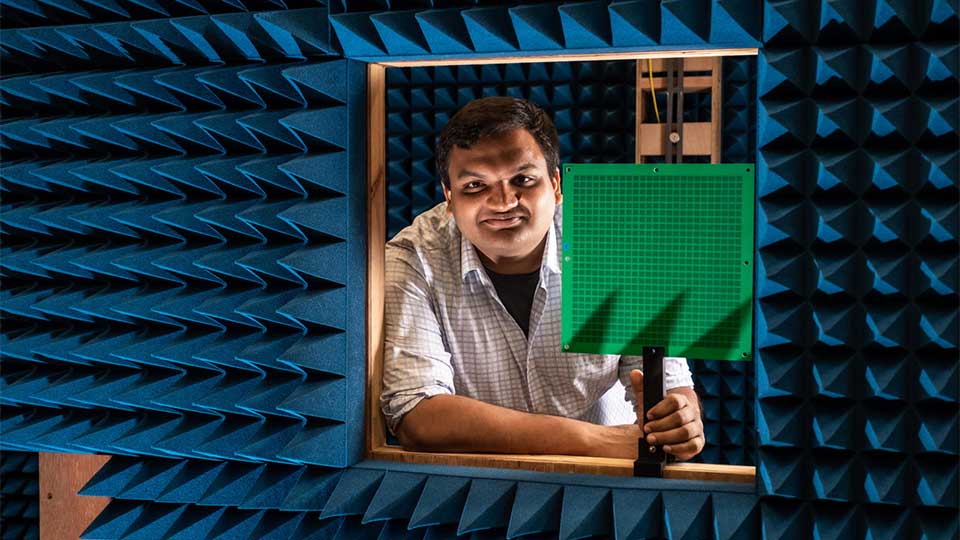 Aakash in the anechoic chamber at Loughborough University
