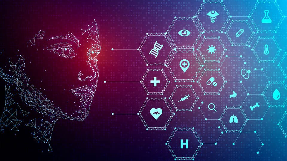 A digital image representing artificial intelligence, featuring a person's face connected to various icons associated with healthcare