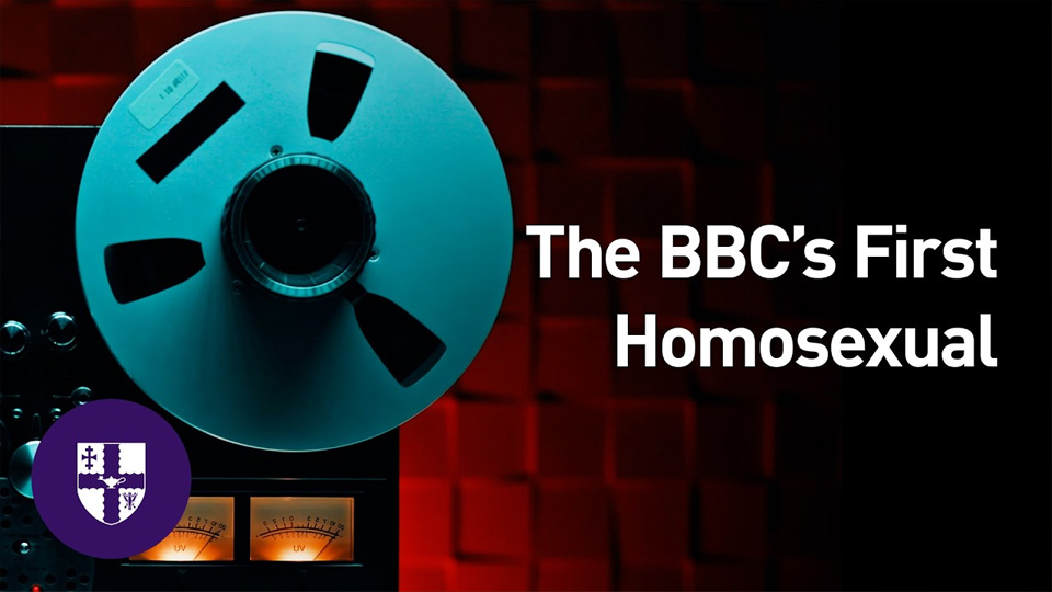 A film projector with the words 'The BBC's First Homosexual' composited next to it.