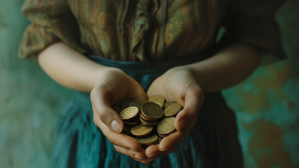 A person in vintage clothing holds a pile of coins in both hands against a blurred background.