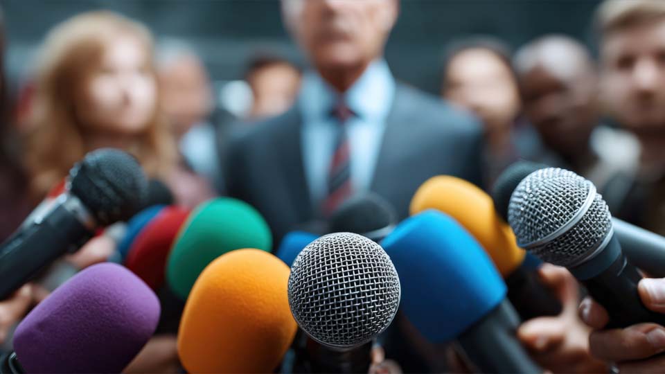 An image of a man, blurred in the background, speaking into numerous microphones in the foreground.