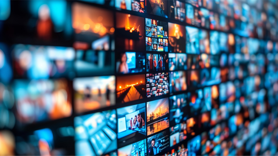 A wall of screens displays numerous digital images and videos in a grid, showing various people, landscapes, and cityscapes.