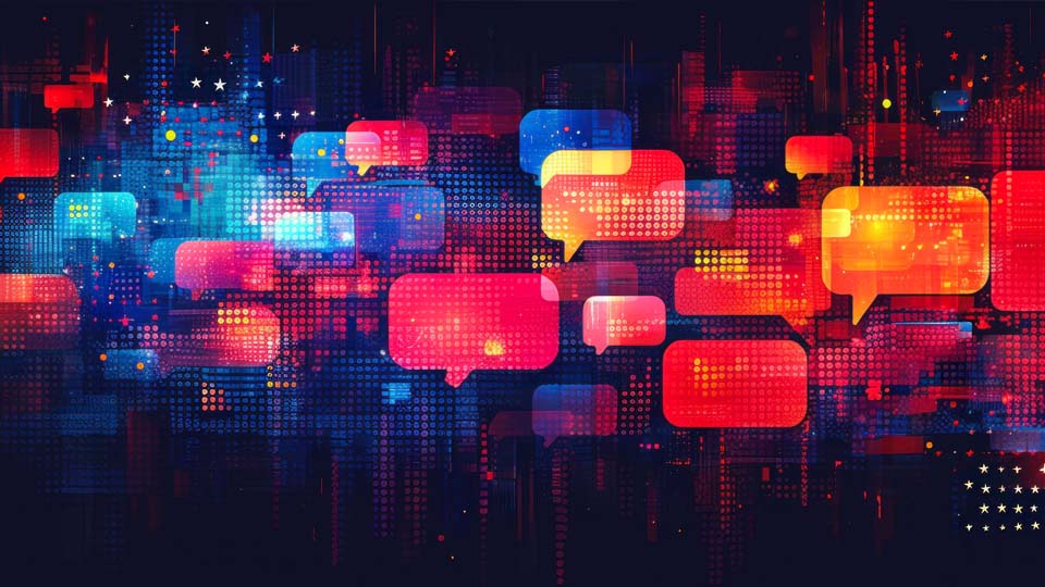 An abstract graphic that includes numerous red speech bubbles.