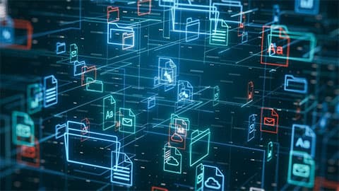 A digital network of glowing folders and document icons connected by lines