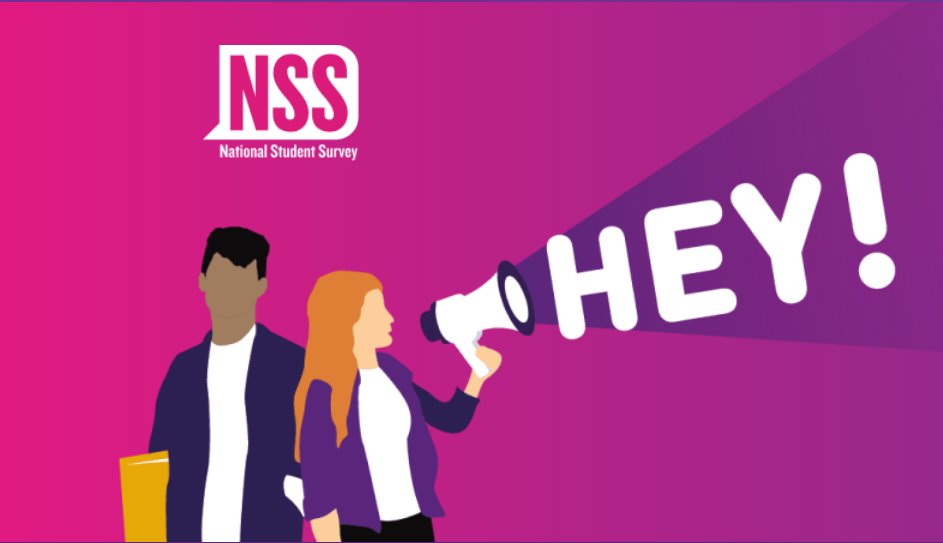 graphic for nss graphic, featuring a student holding a megaphone shouting for student participation