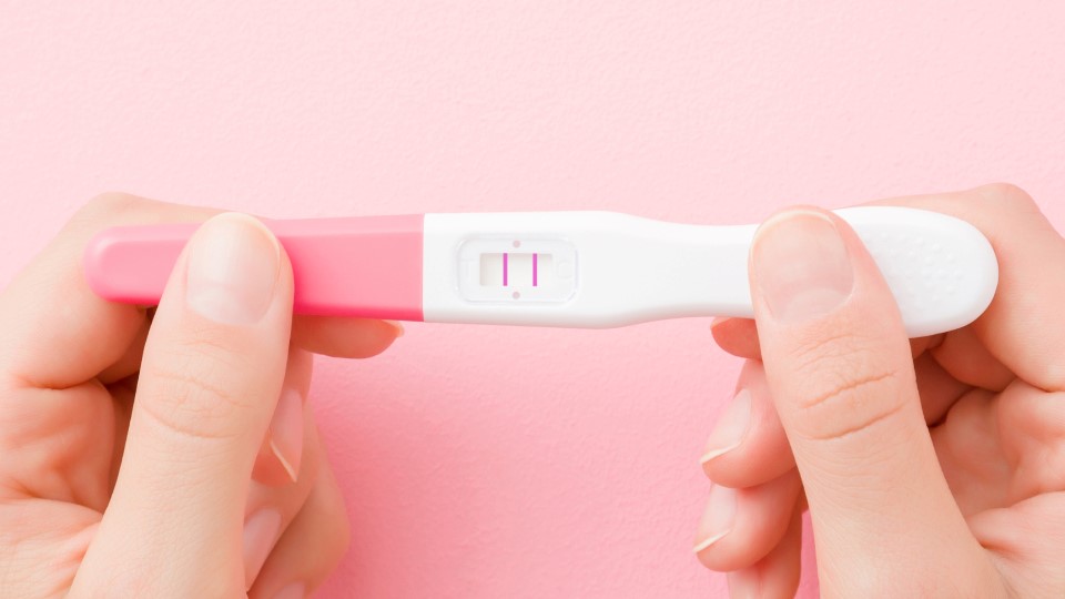 A pregnancy test being held in two hands