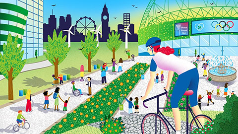 Illustrated image of cyclist at the Loughborough London campus