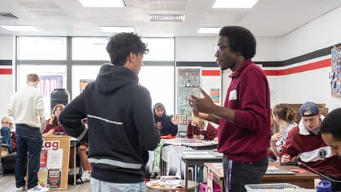 Subwarden at Robert Bakewell telling a new student about the support available