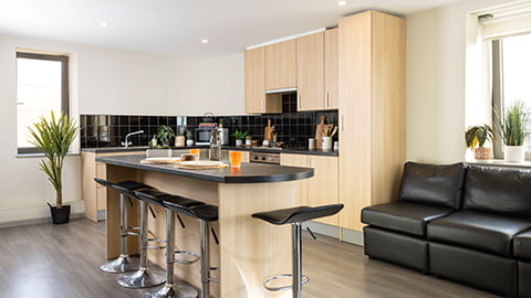 Large kitchen shared with 8 flatmates. Kitchen is modern and stylish with oven, hob, microwave and all essential kitchen equipment, a breakfast bar, seating areas for eating and socialising.