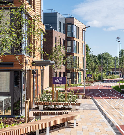 Claudia Parsons Hall of Residence with it's distinctive running track walkway