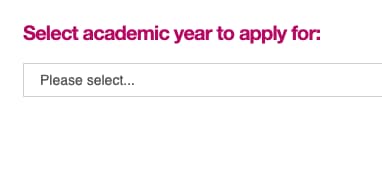 Academic year application form showing a dropdown menu to select the year to apply for.