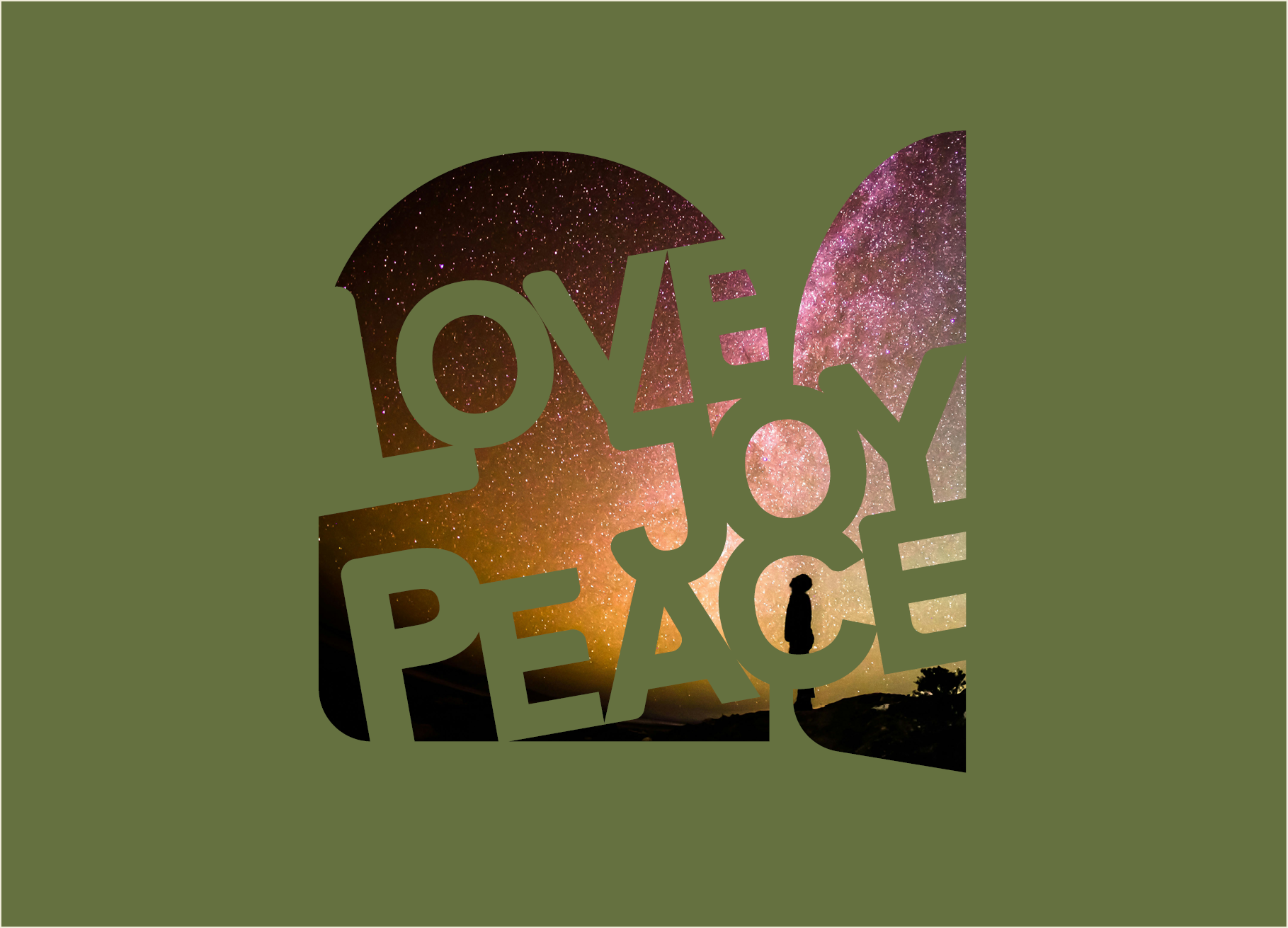 Green background with heart shape image of night sky with stars and sunset. Overlayed in green text are the words love, joy, peace.