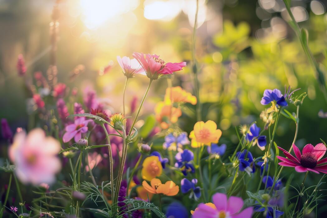 meadow flowers that are yellow, pink and blue with sunshine to the top left