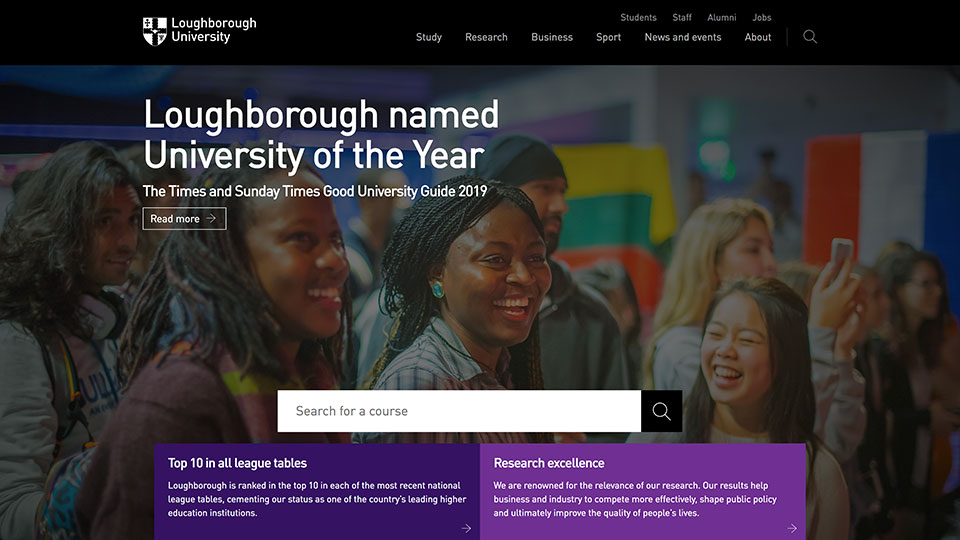 A screenshot of the Loughborough University homepage
