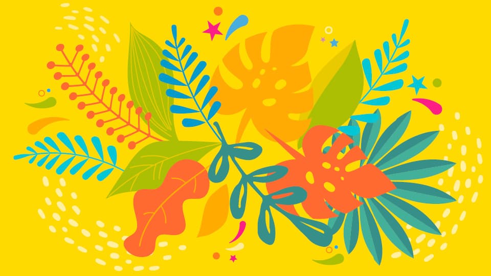 Colourful illustration of tropical leaves and abstract shapes in shades of orange, green, and teal against a bright yellow background.