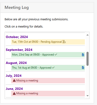 Screengrab showing the colour-coded meeting log.