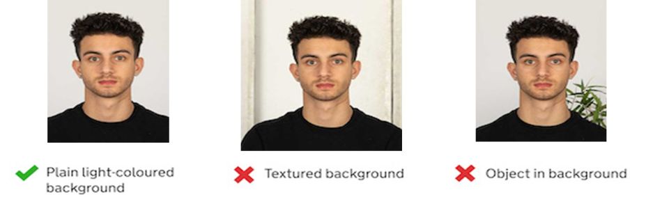Three example showing how the image background should look. Light-coloured is correct. Textured and object in the background - incorrect.