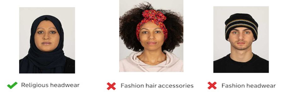 Three example relating to headwear. Religious headwear is acceptabe. Fashion accessories and headwear are not acceptable