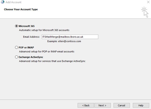 Mail Merge Menu for new account allowing a new email address to be entered
