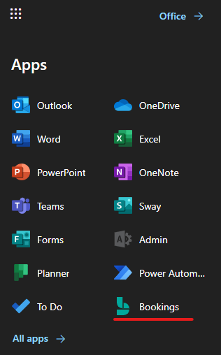 Select the Microsoft 365 bookings app