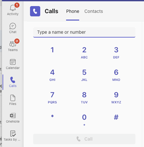 Image of the numerical dial pad in the Teams client “Calls” section for a Teams Phone enabled user
