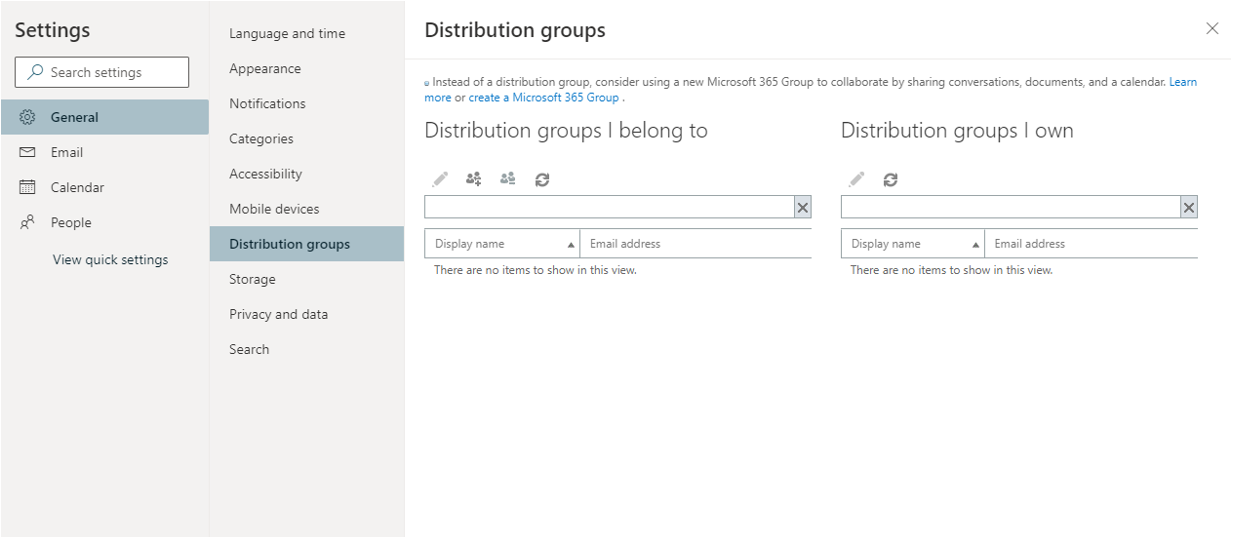 Screen shot of managing distribution groups online via Outlook