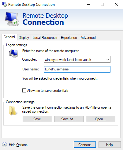 Image of the remote desktop connection menu filled