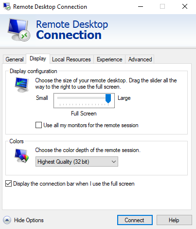 Picture showing the slider to change the RDP screen size