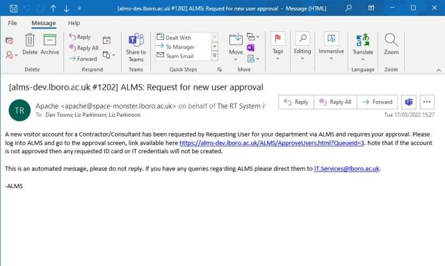 Example image of the Email from ALMS requesting user approval