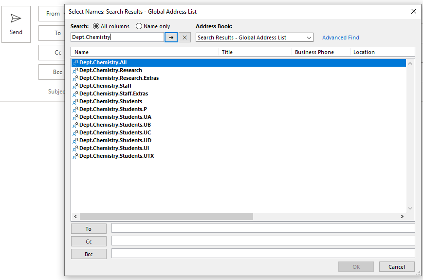 Image shows a picture of the global address list with Chemistry used as an example