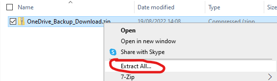 Image of a zipped up OneDrive folder with the Extract all icon highlighted 