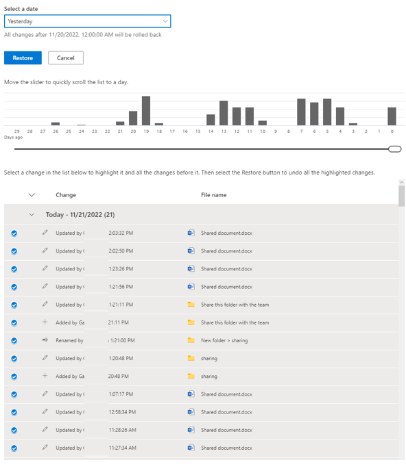 Image of the OneDrive activity windows to select what you would like to restore