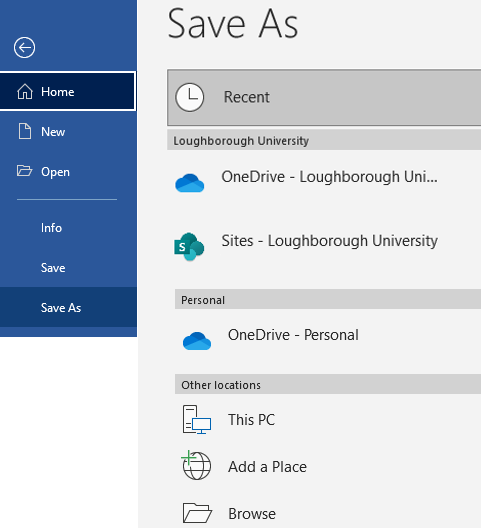 Save as showing the OneDrive options available