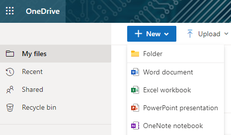 Selecting a new file to create via OneDrive online