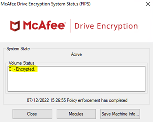 McAfee encryption status screen