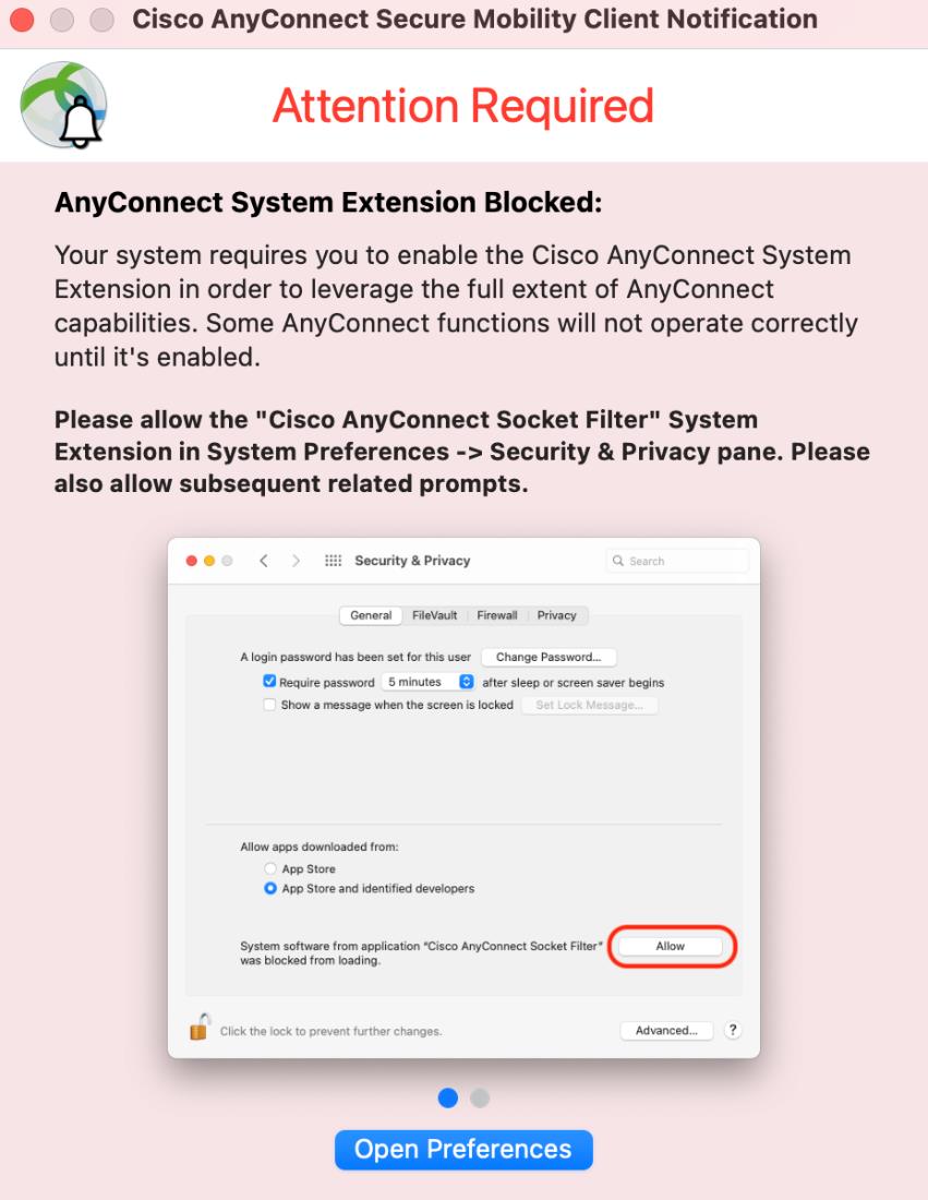 Extension blocked with option to go to system preferences to change this
