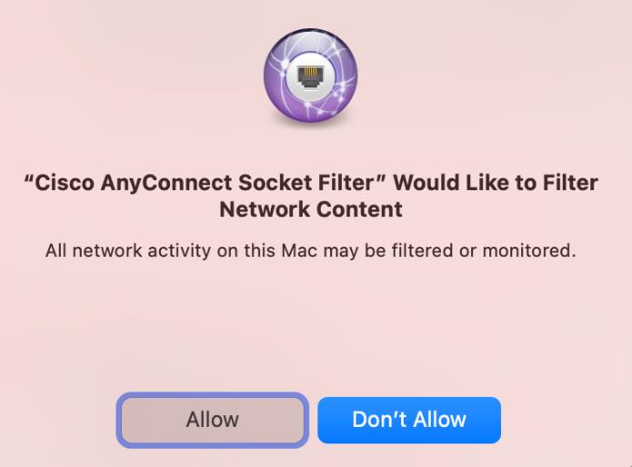AnyConnect extension's content filter approval popup