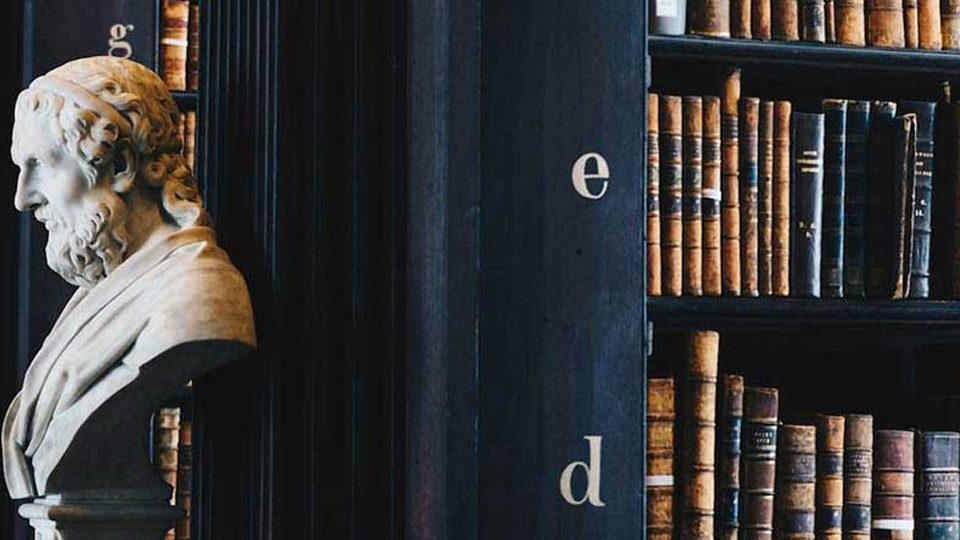 Porcelain bust at the end of antique wooden library shelving with books