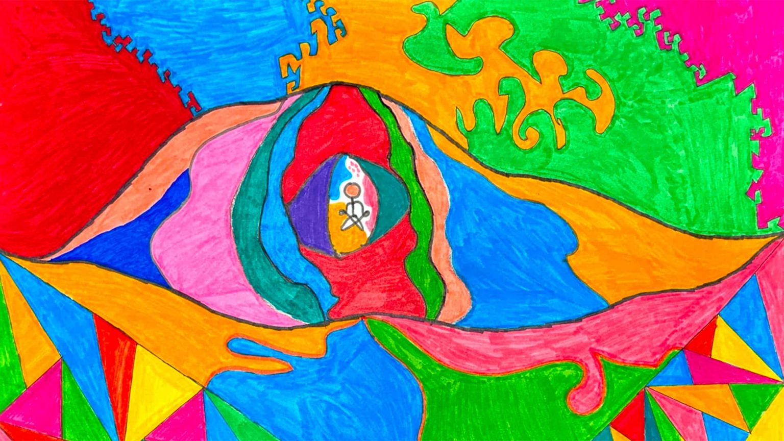A colourful artwork of different abstract shapes mixed together and a person in the centre.