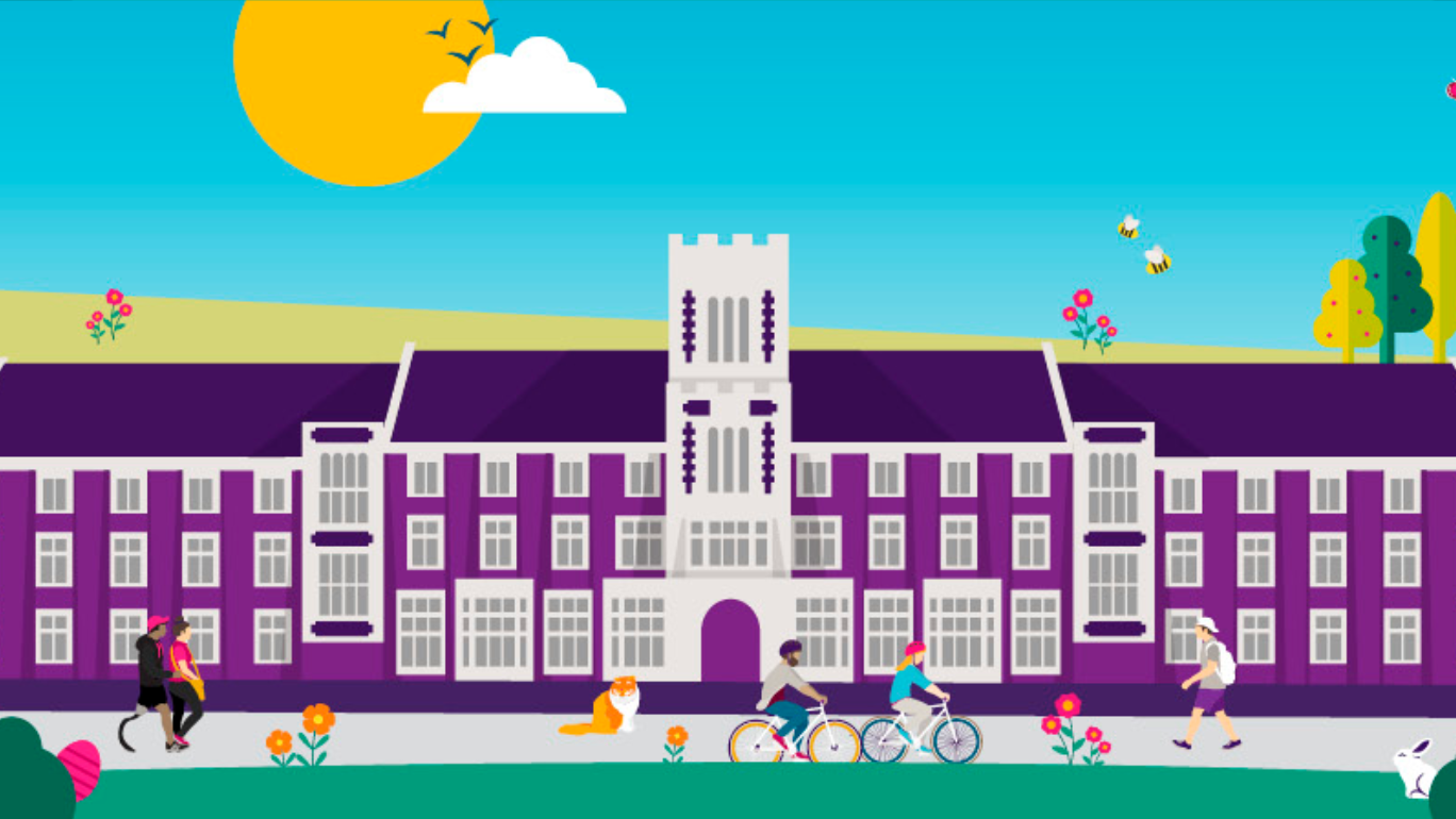 Cartoon of Rutland building in spring. Students are walking and cycling in front and there's an orange cat