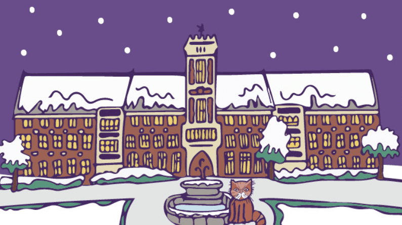 Drawing of Hazlerigg in winter with snow and a cat by the fountain