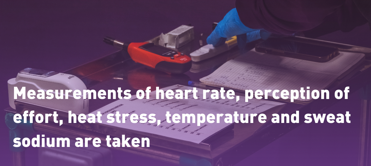 Measurement tools used in test with text 'Measurements of heart rate, perception of effort, heat stress, temperature and sweat sodium are taken'