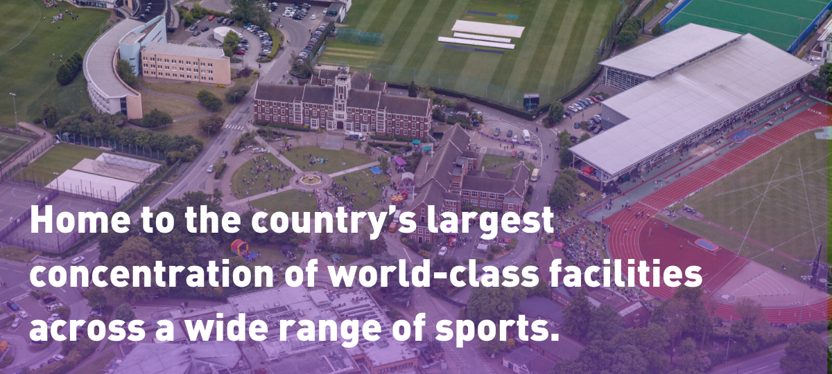 Aerial with image of Loughborough with text - Home to the country’s largest concentration of world-class facilities across a wide range of sports.