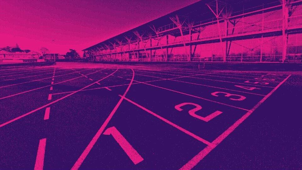 A graphic featuring a running track and stadium structure tinted in bright pink and purple tones.