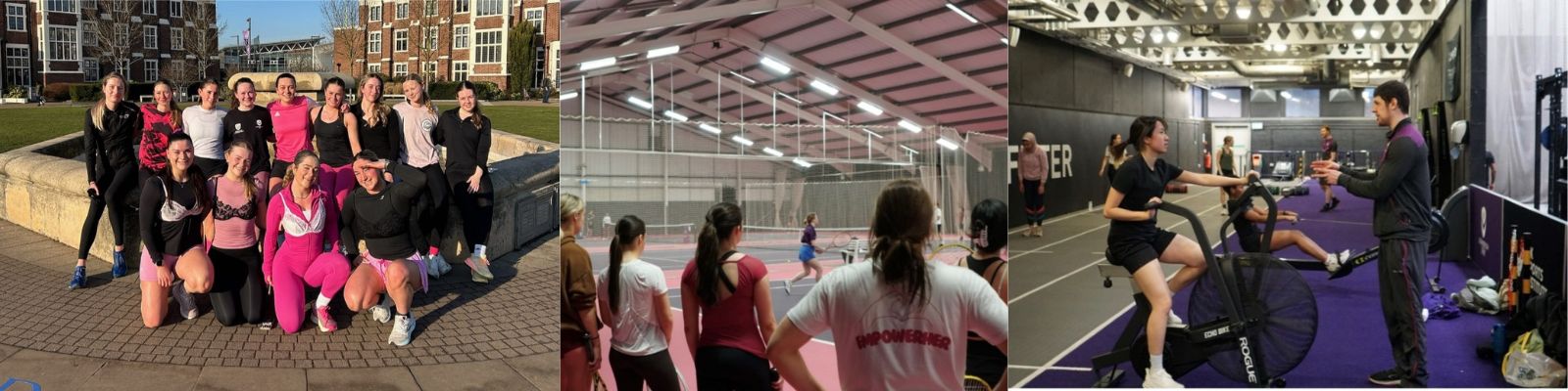 A montage of different activites taking place during EmpowerHER week such as a gym session, a group run and tennis