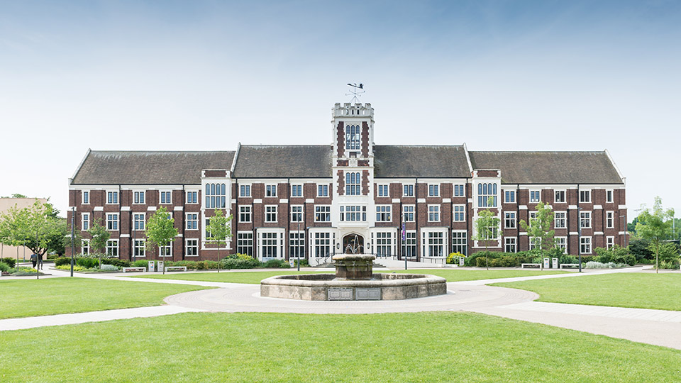 The Hazlerigg building with the fountain in the foreground